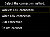Obrazovka Výběr způsobu připojení: Výběr možnosti Připojení k bezdrátové síti LAN