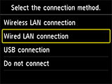 Obrazovka Výběr způsobu připojení: Výběr možnosti Připojení ke kabelové síti LAN