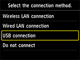 Obrazovka Výběr způsobu připojení: Výběr možnosti Připojení USB