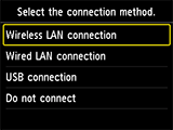 Pantalla de selección del método de conexión: seleccionar Conexión LAN inalámbrica
