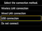 Pantalla de selección del método de conexión: seleccionar Conexión USB