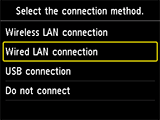 Экран выбора метода подключения: выберите «Подключение по проводной сети»
