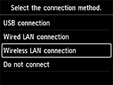 Obrazovka Výběr způsobu připojení: Výběr možnosti Připojení k bezdrátové síti LAN