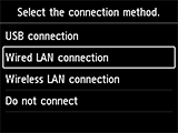 Obrazovka Výběr způsobu připojení: Výběr možnosti Připojení ke kabelové síti LAN