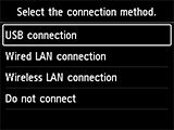 Select connection method screen: Select USB connection