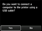 USB connection screen: Connect a computer to the printer using a USB cable