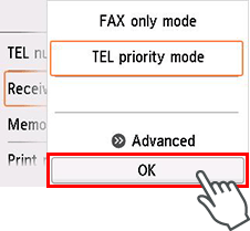 شاشة Receive mode settings: تحديد OK