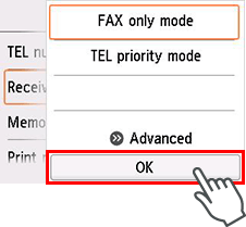 شاشة Receive mode settings: تحديد OK