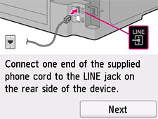 Obrazovka Snadné nastavení: Připojte jeden konec dodaného telefonního kabelu ke konektoru LINKA na zadní straně zařízení.