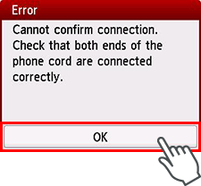 Obrazovka s chybou: Připojení nelze ověřit. Zkontrolujte, zda jsou oba konce telefonního kabelu řádně připojeny.