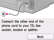 Skærmen Nem opsætning: Slut den anden ende af telefonledningen til TEL-stikket, modemmet eller splitteren.