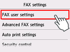 Skærmen Faxindstillinger: Vælg FAX-brugerindstillinger