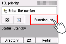 Skærmen FAX: Vælg Funktionsliste