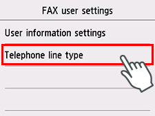 Skærmen FAX-brugerindst.: Vælg Tlf-linjetype