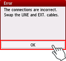 Fejlskærm: Tilslutningerne er forkerte. Ombyt kablerne for LINE og EXT.