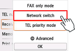 Bildschirm Empfangsmod.-Einstellungen: Auswahl von Network Switch