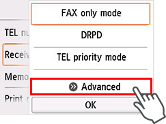 Receive mode settings screen: Select Advanced