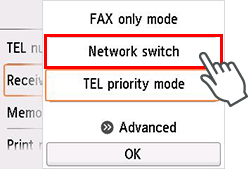 Receive mode settings screen: Select Network switch