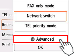 Receive mode settings screen: Select Advanced