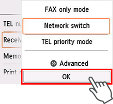 Receive mode settings screen: Select OK