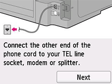 Pantalla Configuración fácil: Conecte el otro extremo del cable telefónico al conector de línea TEL, al módem o al divisor.