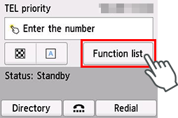Pantalla FAX: Seleccione List. funciones