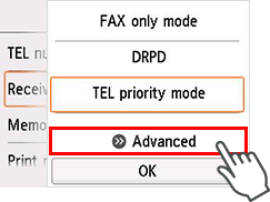 Receive mode settings screen: Select Advanced