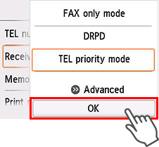 Receive mode settings screen: Select OK