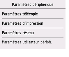 Écran Paramètres périphérique : Sélection de Paramètres utilisateur périph.