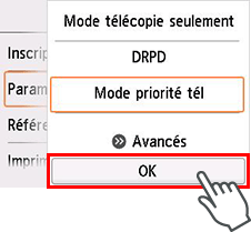 Écran Paramètres mode réception : Sélectionnez OK