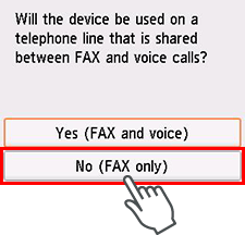 Scherm Handmatige instelling: selecteer Nee (alleen fax)