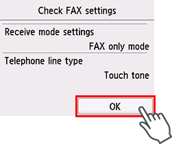 Scherm Handmatige instelling: Controleer faxinstellingen