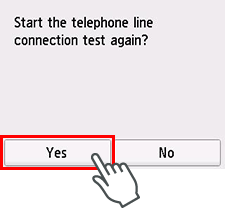 Tela da Configuração fácil: Iniciar o teste de conexão de linha telefônica novamente?