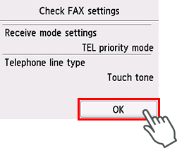 Tela da Configuração fácil: Verificar configurações do FAX