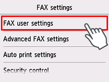 Obrazovka Nastavenia faxu: výber položky Používateľské nastavenia faxu