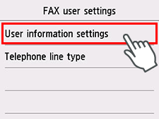 Obrazovka Používateľské nastavenia faxu: výber položky Nastavenia inf. o používateľovi