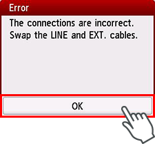 Chybová obrazovka: Pripojenia sú nesprávne. Vymeňte káble LINE a EXT.