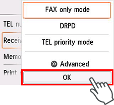 Receive mode settings screen: Select OK