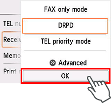 Receive mode settings screen: Select OK