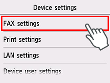 Device settings screen: Select FAX settings