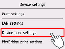 Device settings screen: Select Device user settings