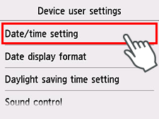 Device user settings screen: Select Date/time setting