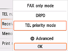 Екран „Настр. на режим на получ.": Избор на „OK"