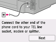 Obrazovka Snadné nastavení: Připojte druhý konec telefonního kabelu ke konektoru telefonní linky, modemu nebo rozbočovači.