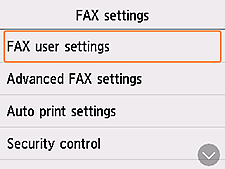 Obrazovka Nastavení faxu: Výběr možnosti Uživatel. nast. faxu