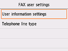 Obrazovka Uživatelská nastavení faxu: Vyberte možnost Nastavení informací o uživateli