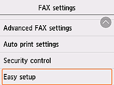 Bildschirm Faxeinstellungen: Einfache Einrichtung auswählen