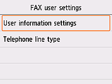 Bildschirm „FAX-Benutzereinstellungen“: Benutzerinformationseinstellungen auswählen