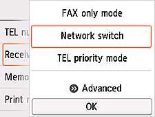 Bildschirm Empfangsmod.-Einstellungen: Auswahl von Network Switch