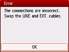 Fehlerbildschirm: Die Verbindungen sind nicht korrekt. Tauschen Sie die LINE- und EXT.-Kabel.